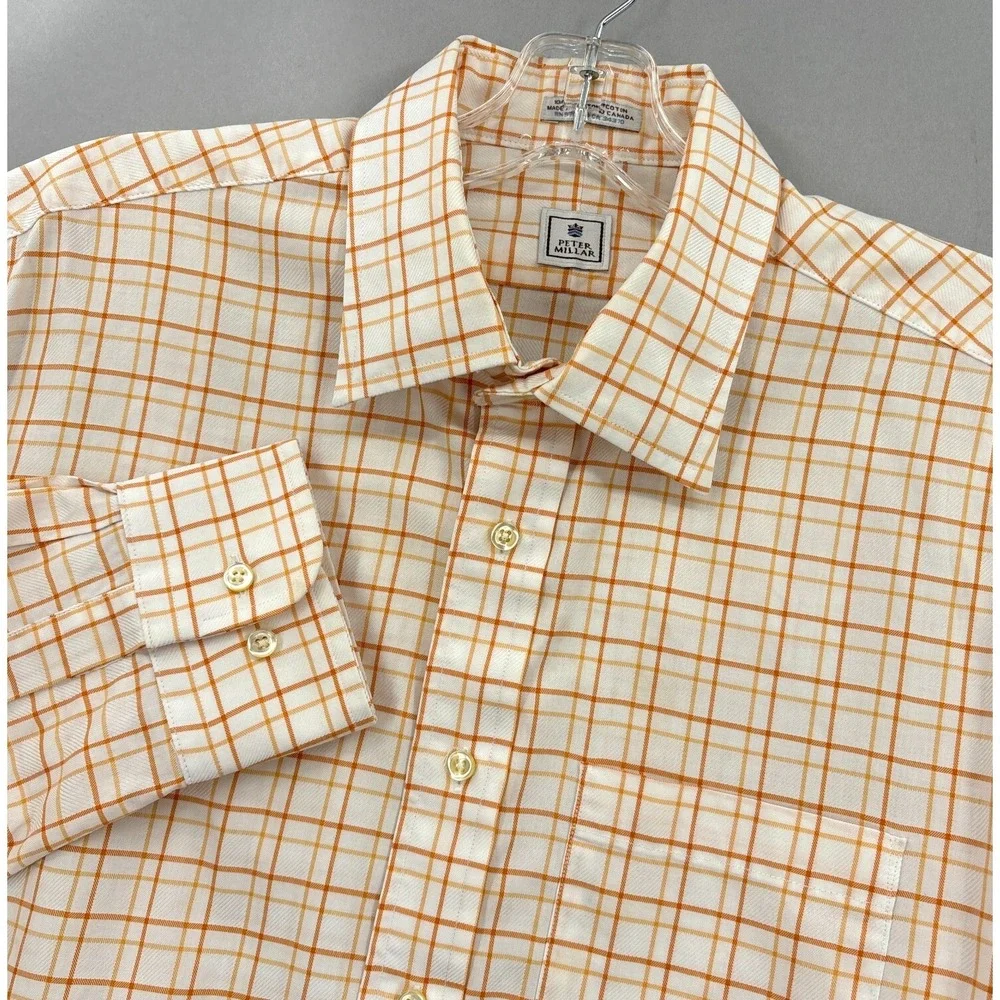 Peter Millar Shirt Mens Large‎ 16.5 Orange Check Dress Button Up Windowpane
